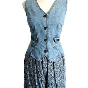 VINTAGE Y2K PARIS BLUES DENIM VEST FLORAL ROMPER